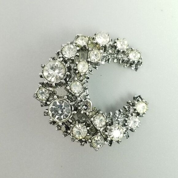Vintage Rhinestone Crescent Moon Shape Brooch, Silver Tone Lapel Pin, Estate - Picture 2 of 7